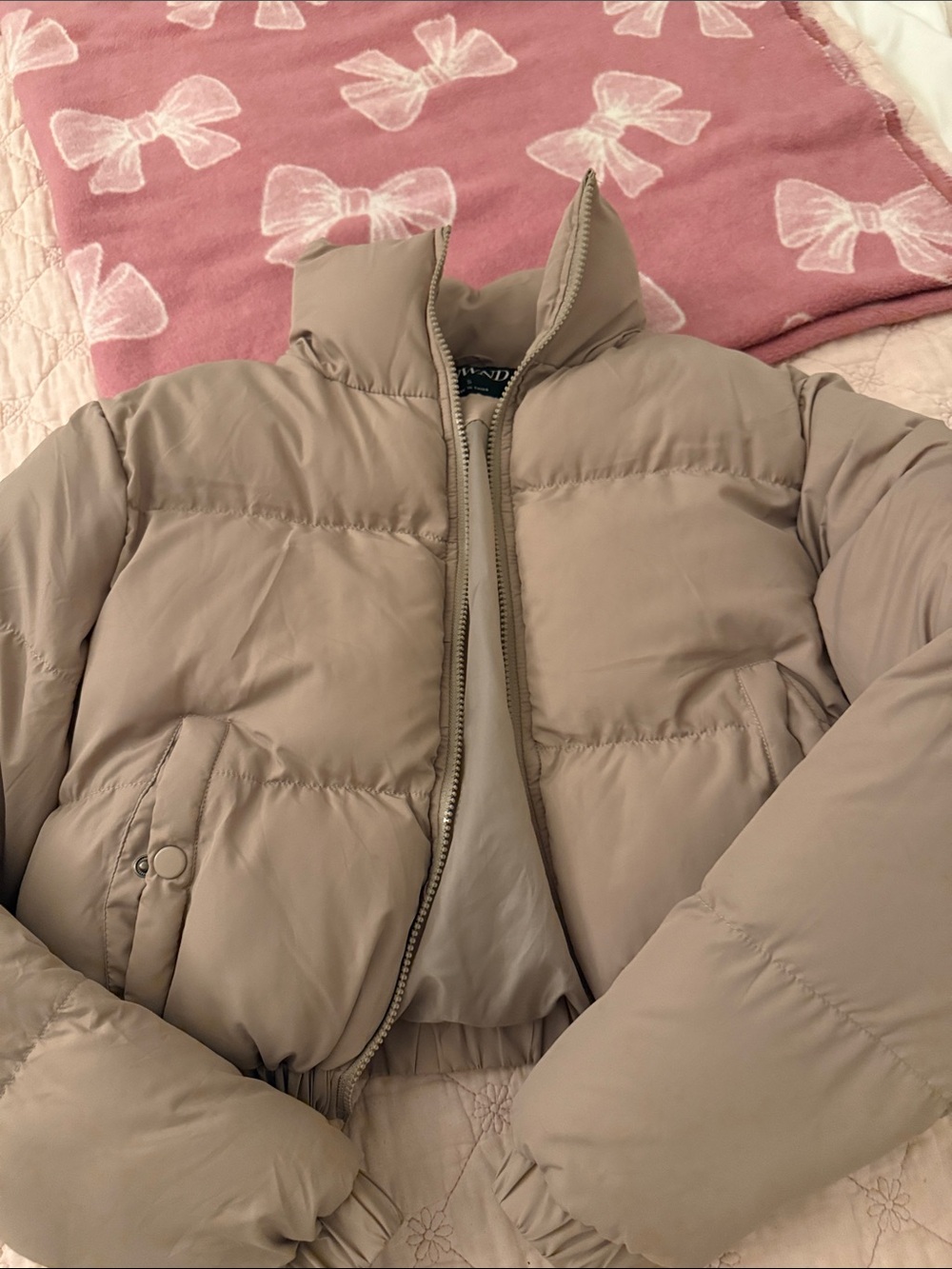Cropped Taupe Puffer Jacket with High Collar